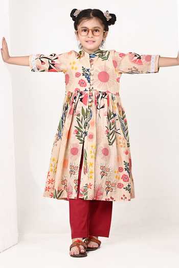 THE COTTON STAPLE_Beige Cotton Talc Floral Print Kurta Set _Online_at_Aza_Fashions