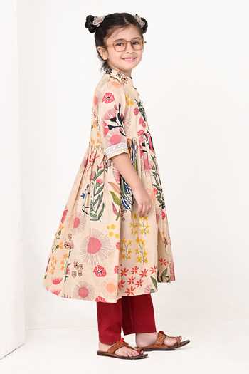 Buy_THE COTTON STAPLE_Beige Cotton Talc Floral Print Kurta Set _Online_at_Aza_Fashions