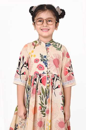 Shop_THE COTTON STAPLE_Beige Cotton Talc Floral Print Kurta Set _Online_at_Aza_Fashions