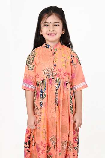 THE COTTON STAPLE_Orange Cotton Floral Print Kurta Set _Online_at_Aza_Fashions