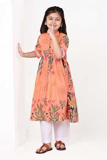 Buy_THE COTTON STAPLE_Orange Cotton Floral Print Kurta Set _Online_at_Aza_Fashions