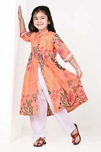 Shop_THE COTTON STAPLE_Orange Cotton Floral Print Kurta Set _Online_at_Aza_Fashions