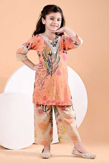 Shop_THE COTTON STAPLE_Beige Cotton Ema Floral Print Kurta Set _Online_at_Aza_Fashions