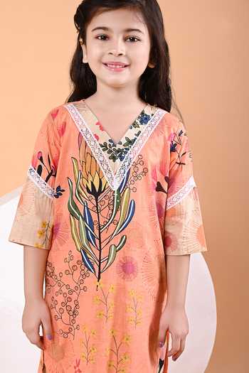 THE COTTON STAPLE_Beige Cotton Ema Floral Print Kurta Set _at_Aza_Fashions