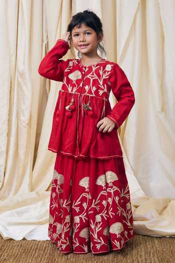 FAYON KIDS Red Cotton Gota Embroidered Kurta And Lehenga Set Online at Aza Fashions FAYON KIDS_Red Cotton Gota Embroidered Kurta And Lehenga Set _Online_at_Aza_Fashions