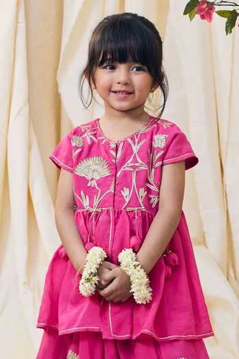 FAYON KIDS Pink Cotton Gota Embroidered Kurta With Lehenga Online at Aza Fashions FAYON KIDS_Pink Cotton Gota Embroidered Kurta With Lehenga _Online_at_Aza_Fashions