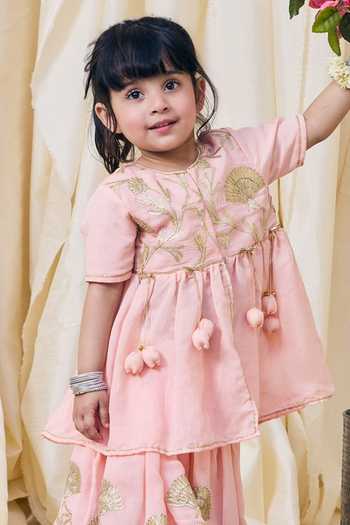 FAYON KIDS Peach Cotton Gota Embroidered Kurta And Lehenga Set Online at Aza Fashions FAYON KIDS_Peach Cotton Gota Embroidered Kurta And Lehenga Set _Online_at_Aza_Fashions