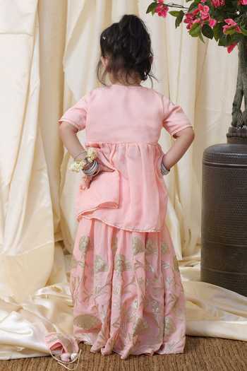 FAYON KIDS Gota Embroidered Cotton Kurta & Lehenga Set