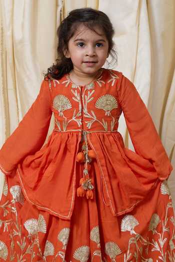 FAYON KIDS Orange Cotton Gota Embroidered Kurta And Lehenga Set Online at Aza Fashions FAYON KIDS_Orange Cotton Gota Embroidered Kurta And Lehenga Set _Online_at_Aza_Fashions