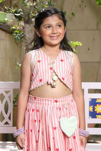 FAYON KIDS_Peach Cotton Printed Crop Top And Lehenga Set _Online_at_Aza_Fashions