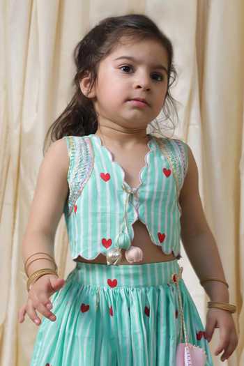 FAYON KIDS Green Cotton Heart And Striped Crop Top Lehenga Set Online at Aza Fashions FAYON KIDS_Green Cotton Heart And Striped Crop Top Lehenga Set _Online_at_Aza_Fashions