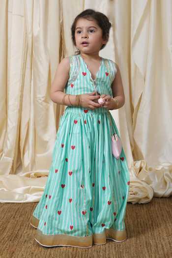 Buy FAYON KIDS Green Cotton Heart And Striped Crop Top Lehenga Set Online at Aza Fashions Buy_FAYON KIDS_Green Cotton Heart And Striped Crop Top Lehenga Set _Online_at_Aza_Fashions