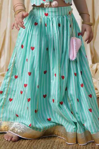 Shop FAYON KIDS Green Cotton Heart And Striped Crop Top Lehenga Set Online at Aza Fashions Shop_FAYON KIDS_Green Cotton Heart And Striped Crop Top Lehenga Set _Online_at_Aza_Fashions