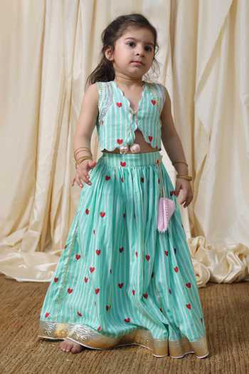 FAYON KIDS Heart & Striped Crop Top Lehenga Set