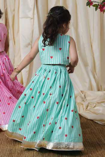 FAYON KIDS Heart & Striped Crop Top Lehenga Set