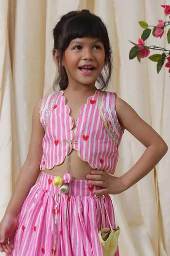 FAYON KIDS_Pink Cotton Printed Crop Top And Lehenga Set _Online_at_Aza_Fashions