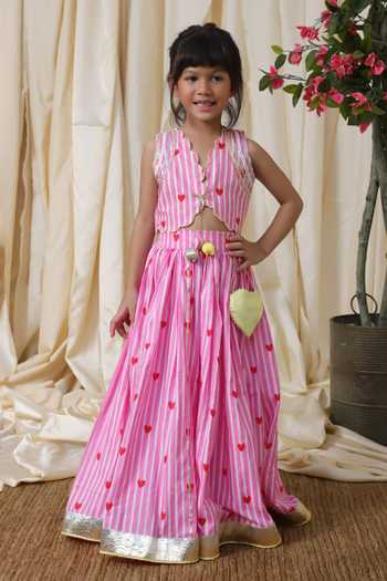 Buy_FAYON KIDS_Pink Cotton Printed Crop Top And Lehenga Set _Online_at_Aza_Fashions