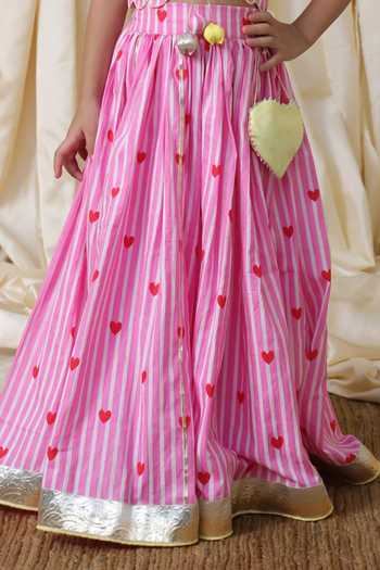 Shop_FAYON KIDS_Pink Cotton Printed Crop Top And Lehenga Set _Online_at_Aza_Fashions