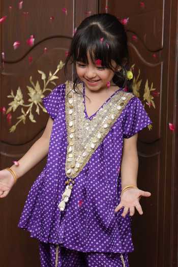 FAYON KIDS_Purple Crepe Bandhej Kurta And Dhoti Pant Set _Online_at_Aza_Fashions
