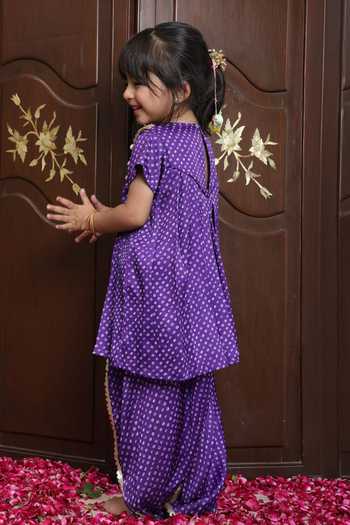 Shop_FAYON KIDS_Purple Crepe Bandhej Kurta And Dhoti Pant Set _Online_at_Aza_Fashions