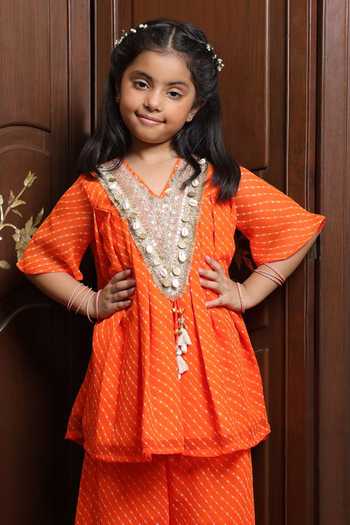 FAYON KIDS_Orange Georgette Bandhej Print Kurta And Sharara Set _Online_at_Aza_Fashions