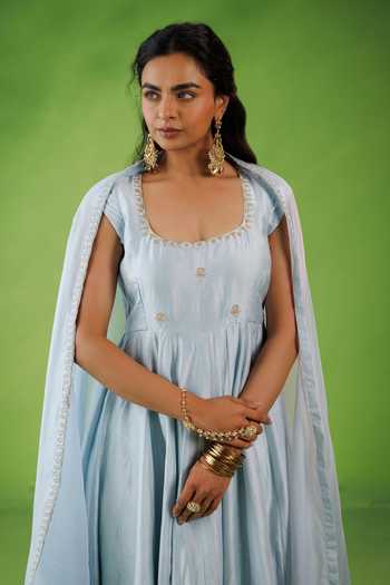 Kisakshi Jaipur Blue Organza, Chanderi Square Neck, Yes Emnroidered Pleated Kurta Set at Aza Fashions Kisakshi Jaipur_Blue Organza, Chanderi Square Neck, Yes Emnroidered Pleated Kurta Set _at_Aza_Fashions