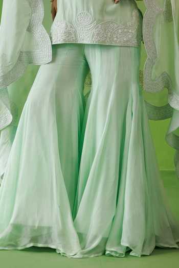 Kisakshi Jaipur Mint Organza, Chanderi Split V-neck Dori Embroidered Kurta Sharara Set Online at Aza Fashions Kisakshi Jaipur_Mint Organza, Chanderi Split V-neck Dori Embroidered Kurta Sharara Set _Online_at_Aza_Fashions
