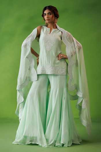 Buy Kisakshi Jaipur Mint Organza, Chanderi Split V-neck Dori Embroidered Kurta Sharara Set Online at Aza Fashions Buy_Kisakshi Jaipur_Mint Organza, Chanderi Split V-neck Dori Embroidered Kurta Sharara Set _Online_at_Aza_Fashions