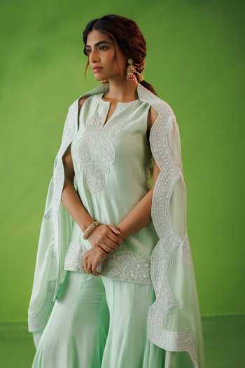 Shop Kisakshi Jaipur Mint Organza, Chanderi Split V-neck Dori Embroidered Kurta Sharara Set Online at Aza Fashions Shop_Kisakshi Jaipur_Mint Organza, Chanderi Split V-neck Dori Embroidered Kurta Sharara Set _Online_at_Aza_Fashions