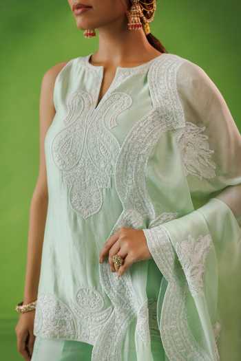 Kisakshi Jaipur Mint Organza, Chanderi Split V-neck Dori Embroidered Kurta Sharara Set at Aza Fashions Kisakshi Jaipur_Mint Organza, Chanderi Split V-neck Dori Embroidered Kurta Sharara Set _at_Aza_Fashions