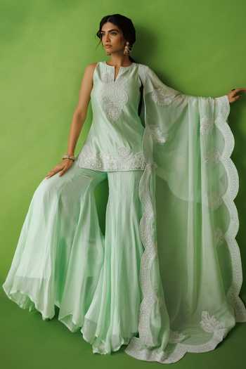 Buy Kisakshi Jaipur Mint Organza, Chanderi Split V-neck Dori Embroidered Kurta Sharara Set Buy_Kisakshi Jaipur_Mint Organza, Chanderi Split V-neck Dori Embroidered Kurta Sharara Set