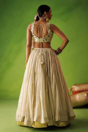 Kisakshi Jaipur Mirror Embroidered Tissue Silk Lehenga Set 