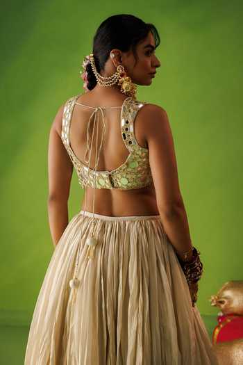 Buy Kisakshi Jaipur Beige Silk, Tissue Sweetheart Neck Mirror Embroidered Lehenga Set Online at Aza Fashions Buy_Kisakshi Jaipur_Beige Silk, Tissue Sweetheart Neck Mirror Embroidered Lehenga Set _Online_at_Aza_Fashions