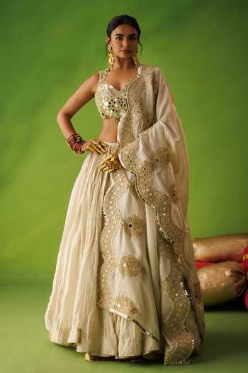 Kisakshi Jaipur Mirror Embroidered Tissue Silk Lehenga Set 