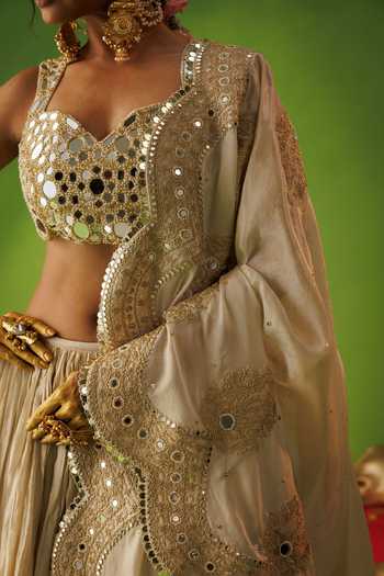 Buy Kisakshi Jaipur Beige Silk, Tissue Sweetheart Neck Mirror Embroidered Lehenga Set Buy_Kisakshi Jaipur_Beige Silk, Tissue Sweetheart Neck Mirror Embroidered Lehenga Set