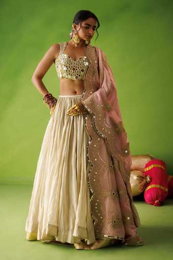 Kisakshi Jaipur Mirror Embroidered Tissue Silk Lehenga Set 