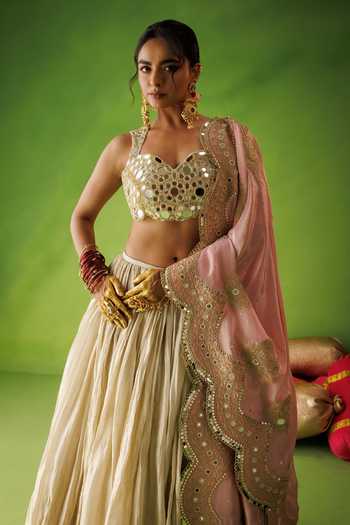 Buy Kisakshi Jaipur Beige Silk, Tissue Sweetheart Neck Mirror Embroidered Lehenga Set Online at Aza Fashions Buy_Kisakshi Jaipur_Beige Silk, Tissue Sweetheart Neck Mirror Embroidered Lehenga Set _Online_at_Aza_Fashions