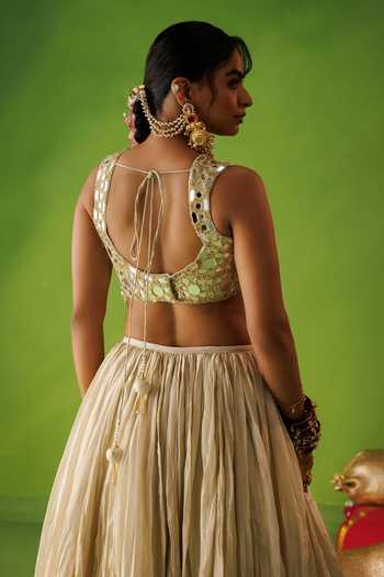 Kisakshi Jaipur Beige Silk, Tissue Sweetheart Neck Mirror Embroidered Lehenga Set at Aza Fashions Kisakshi Jaipur_Beige Silk, Tissue Sweetheart Neck Mirror Embroidered Lehenga Set _at_Aza_Fashions