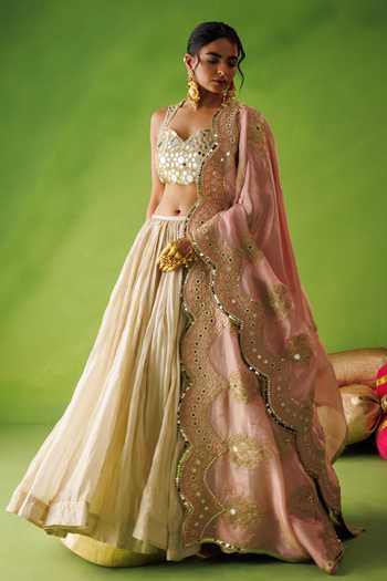 Buy Kisakshi Jaipur Beige Silk, Tissue Sweetheart Neck Mirror Embroidered Lehenga Set Buy_Kisakshi Jaipur_Beige Silk, Tissue Sweetheart Neck Mirror Embroidered Lehenga Set