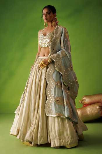 Kisakshi Jaipur Beige Silk, Tissue Sweetheart Neck Mirror Embroidered Lehenga Set Online at Aza Fashions Kisakshi Jaipur_Beige Silk, Tissue Sweetheart Neck Mirror Embroidered Lehenga Set _Online_at_Aza_Fashions
