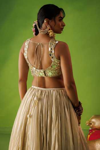 Buy Kisakshi Jaipur Beige Silk, Tissue Sweetheart Neck Mirror Embroidered Lehenga Set Online at Aza Fashions Buy_Kisakshi Jaipur_Beige Silk, Tissue Sweetheart Neck Mirror Embroidered Lehenga Set _Online_at_Aza_Fashions
