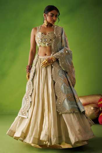 Shop Kisakshi Jaipur Beige Silk, Tissue Sweetheart Neck Mirror Embroidered Lehenga Set Online at Aza Fashions Shop_Kisakshi Jaipur_Beige Silk, Tissue Sweetheart Neck Mirror Embroidered Lehenga Set _Online_at_Aza_Fashions