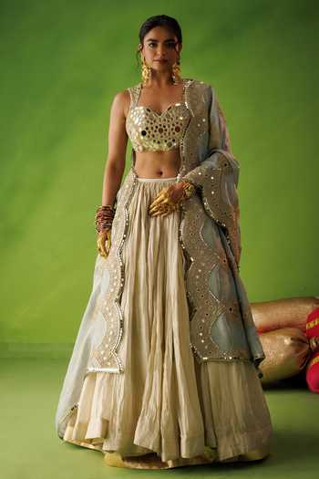 Kisakshi Jaipur Mirror Embroidered Tissue Silk Lehenga Set 