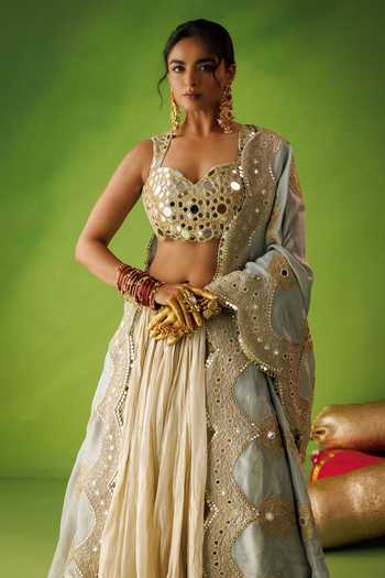 Buy Kisakshi Jaipur Beige Silk, Tissue Sweetheart Neck Mirror Embroidered Lehenga Set Buy_Kisakshi Jaipur_Beige Silk, Tissue Sweetheart Neck Mirror Embroidered Lehenga Set