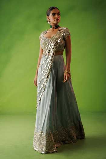 Kisakshi Jaipur_Blue Silk, Chanderi, Net, Tissue Mirror Work Pre-draped Saree And Blouse Set _Online_at_Aza_Fashions