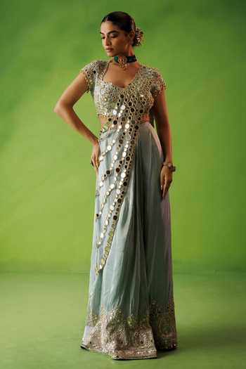 Kisakshi Jaipur Mirror Work Pre-Draped Saree & Blouse Set 
