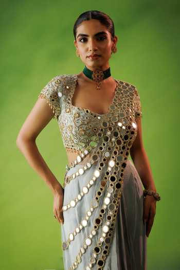Buy_Kisakshi Jaipur_Blue Silk, Chanderi, Net, Tissue Mirror Work Pre-draped Saree And Blouse Set _Online_at_Aza_Fashions