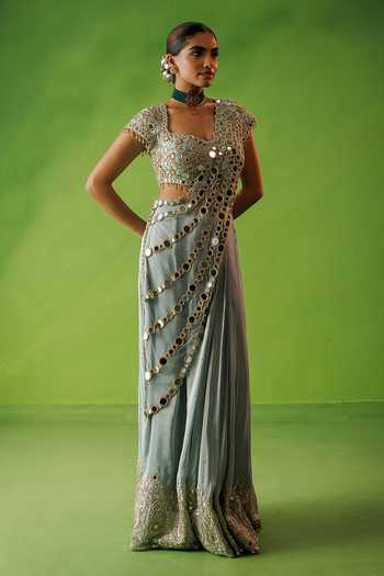 Shop_Kisakshi Jaipur_Blue Silk, Chanderi, Net, Tissue Mirror Work Pre-draped Saree And Blouse Set _Online_at_Aza_Fashions