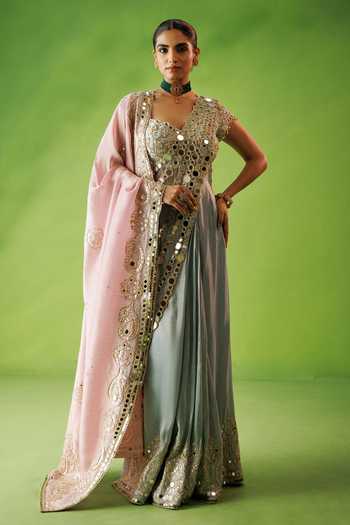 Kisakshi Jaipur Embroidered Blouse & Pre-Draped Saree Set 