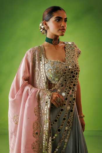 Kisakshi Jaipur_Blue Silk, Chanderi, Net, Tissue Embroidered Blouse And Pre-draped Saree Set _Online_at_Aza_Fashions